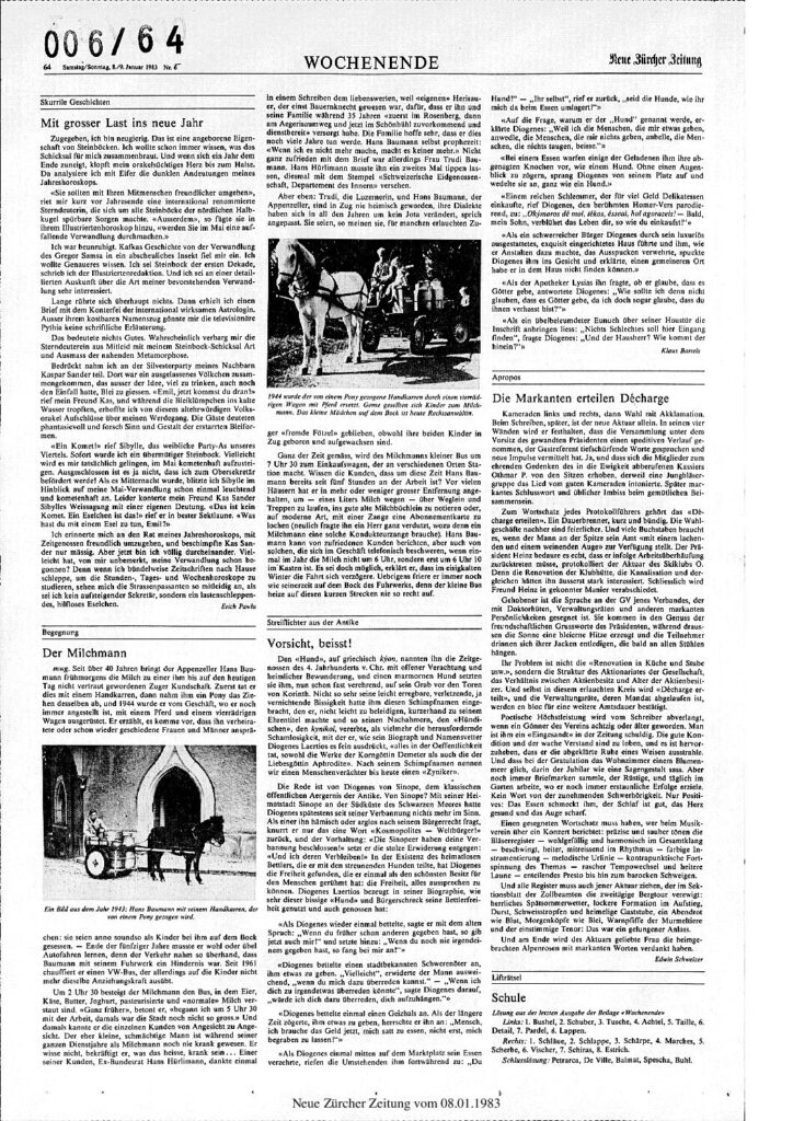 Zeitungsseite der Neuen Zürcher Zeitung vom 8. Januar 1983 mit dem Artikel Der Milchmann von Hans Baumann und einem Bild des Milchmanns Hans Baumann mit seinem Handkarren