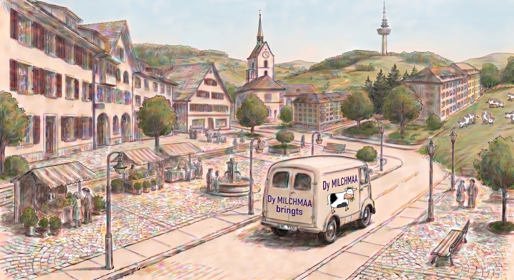 Farbige Illustration eines Basler Dorfplatzes mit dem Lieferwagen «Dy Milchmaa bringts», Marktständen, Brunnen, Kirche und dem Fernsehturm auf dem Hügel